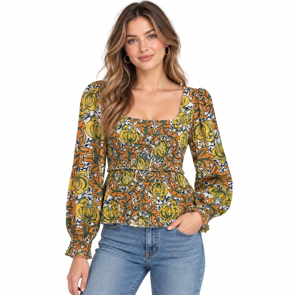 Anthropologie Blouse Womens Small Multicolor Floral Square Neck Long Sleeve Top